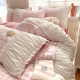 Shopmocho Korean Style Princess Bedding Set Luxury Pink Lattice Duvet Cover Ruffles Lace Bedspread Bed Sheet Pillowcases