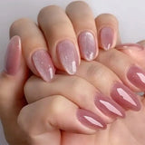 SHOPMOCHO 24Pcs Mid-length Almond Ballet False Nails Simple Cat Eye Design Press on Fake Nail Wearable Full Cover Nail Tips Manicure Tools