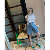 SHOPMOCHO plus Size Women's Denim Wide Leg Shorts Summer Loose Fit Slimming Straight Cut Five-Quarter Trendy Blue Jeans Casual Shorts