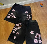 SHOPMOCHO Fashion Retro Streetwear Y2K Men Jeans Popular Patch Gothic Punk Style Shorts Embroidered Willow Nail Design Loose Casual Jeans