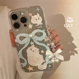 Shopmocho Cartoon Cat Case for iPhone 11 12 13 14 Plus 15 Pro MAXS Pearl Phone Case Shiny Bow Lanyard Shockproof Bumper Cover