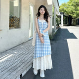 Shopmocho Women Plaid Fake Two Piece Suspender Dress Women Summer Retro Loose Long Dress