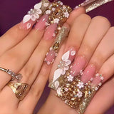 Shopmocho 24pcs Rhinestones Full Cover Nail Art Datachable Glitter French Press on Nails Tip Flower Long Square Fake Nail Pink False Nails