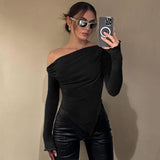 Shopmocho Autumn Winter New T-shirt Women Sexy Black Skew Collar Tees Fashion Long Sleeves Asymmetrical Lady Elegant Versatile Clothing
