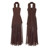 Shopmocho Combhasaki Women Summer Elegant Strapless Sheer Ruffle Hem Patchwork Backless High Split A-line Party Tube Long Dress with Scarf