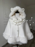 SHOPMOCHO Winter New Lolita Shawl Overcoat Women Design Bow Hooded Patchwork Kawaii Cope Coat Female Warm Chic Sweet Fur Collar Coat