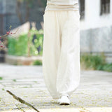 Shopmocho Cotton Linen Bloomers Wide Leg Pants Women Vintage Full Length Fashion Elegent Pants Solid Elasitic Waist Spring Autumn 5XL