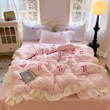 Shopmocho Korean Style Bedding Sets 2025 Pink Grid Bow Quilt Cover Romantic Bed Sheet Sets Woman Girls Bedroom Duvet Cover 4pcs
