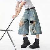 SHOPMOCHO Summer Trendy Men Jeans Ripped Loose Casual Man Pants Artistic Design Cropped Long Denim Trousers