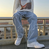 SHOPMOCHO Cross Embroidery Y2k Jeans Mens Straight Denim Pants Casual Vintage Jeans Versatile Fashion Streetwear Spring High Street Pants