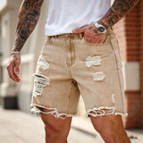 SHOPMOCHO Loose Hip-hop Denim Shorts Men's Streetwear Summer Ripped Hole Rock Biker Short Pants Fashion Khaki Knee-length American Jeans