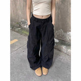 SHOPMOCHO Washed Cotton Cargo Pants Women's Loose Wide Leg Street Dance Long Trousers Multi Pocket Workwear High Waist Casual Pants