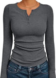 SHOPMOCHO Fashionable Women's Long Sleeve Slim Fit Autumn 2025 Henry Collar T-Shirt Ribbed Basic Style Top for Ladies