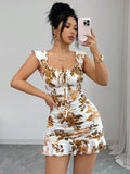 SHOPMOCHO Boho Style Women's Multicolor Mini Cami Dress With Shirred Details And Plants Pattern Sleeveless Flounce Hem