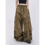 SHOPMOCHO American street quick drying retro military green work pants irregular design fake two-piece drawstring pleated casual pants