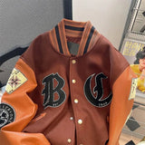 SHOPMOCHO American New Retro Letter Flocking Splicing Jacket Female Y2K High Street Fashion Hip-hop Loose Tooling Baseball Uniform Jacket