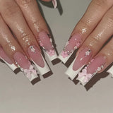 Shopmocho 24pcs Rhinestones Full Cover Nail Art Datachable Glitter French Press on Nails Tip Flower Long Square Fake Nail Pink False Nails