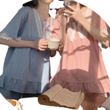SHOPMOCHO Palace Style Pajamas Ladies Summer Loungewear Set Short-Sleeved with Cushion Korean Small Sweet Girlfriends Loungewear Set