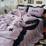 SHOPMOCHO Korean Princess Style Kawaii Girl Black Bow Bedding Set Skin-friendly Soft Duvet Cover Set Bed Sheet Or Bed Skirt Pillowcases
