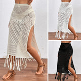 Shopmocho Women Knitted Texture Sarong Skirts Sexy High Slit Tassel Cover-Up Beach Summer Vacation Wrapped Skirt Bikini Cover Up