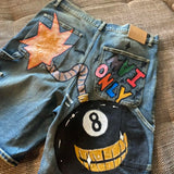 SHOPMOCHO Baggy Custom Paint Jorts Washe Number 8 Ball Denim Shorts Men Goth Y2k Harajuku Casual Sweatpants Wide Leg Short Streetwear