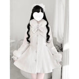 SHOPMOCHO Winter Design Fashion Elegant Pink Slim Woolen Cloth Coat Women Kawaii Sweet Warm Fur Collar Bow Lace Patchwork Casual Overcoat