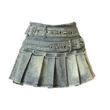 SHOPMOCHO Women's Blue Black Riveted Belt Denim Skirt Y2K Harajuku High Street Fashion 90s Sexy A-line Mini Skirt Summer Clothing 2025 New
