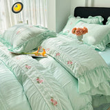 Shopmocho Korean Princess Style Lace Ruffles Wedding Bedding Set Seersucker Washed Cotton Soft Duvet Cover Set Bed Sheet Pillowcase 3/4Pcs