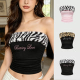 SHOPMOCHO Women's Sexy Slim Fit Y2K Leopard Print Vest Strapless Top Short Style Navel Exposed Casual Summer Fashion Letter Hot Drilling
