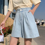 SHOPMOCHO Casual Plus Size Summer Denim Shorts Woman Loose Wide Leg Jean Baggy Shorts Women Cotton Ealstic Waist Short Pants Bermuda Femme