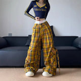 Shopmocho American Style Streetwear Large Pocket Red Plaid Work Casual Pants Women's Winter 2025 New Loose-Fit Wide-Leg Drag Pants