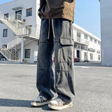 SHOPMOCHO 2025 new men's cement grey work jeans Y2K street hip-hop large pocket wide-leg straight jeans trousers jogging black light blue