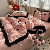 SHOPMOCHO Ins Pink Bow Bedding Set Ruffles Duvet Cover Set Flat Sheet Set Women Girls Princess Bed Linen Set Single Twin Queen Bedclothes