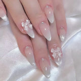 Shopmocho 24Pcs Almond Pure Handmade Press On Nails Full Cover Butterfly French Pearl Diamond False Nails Wearable Manicure Nail Tips Art