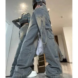 Shopmocho Female Jean Spliced Pockets Cargo Pants Washed Denim High Waist Full Length Jeans Loose Solid Basics Patchwork Distressed