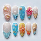 Shopmocho 24Pcs Mid-length French Almond Press on Nails Tips with 3D Shell Flower Design Full Cover Fake Nails Art Datachable False Nails