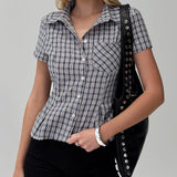 Shopmocho Puloru Classic Plaid Shirts Summer Womens Short Sleeve Collared Button Closure Summer Tops Streetwear Casual Retro T-Shirts