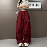 SHOPMOCHO American street quick drying retro military green work pants irregular design fake two-piece drawstring pleated casual pants