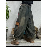 Shopmocho Retro Pocket Harlan Denim Lantern Pants Loose Nine Points Elastic Waist Loose Fit Women's High Waist Jeans Lantern Trousers