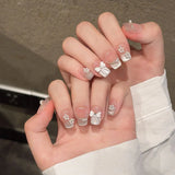 Shopmocho Handmade Press on Nails Sweet Bowknot Pearl Decor French Fake Nails for Women Girl Wearable Shiny Cat Eye Bride False Nail Tips