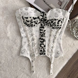 SHOPMOCHO Women Gothic Skull Print Strapless Corset Top Fuzzy Leopard Splice Lace Trim Double Lace Up Slim Waist Cincher Alt Y2K Bustie