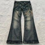 Shopmocho Street Harajuku Heavy Industries Retro Pattern Embroidery Blue Washed Jeans Women's Personalized Casual Splicing Flare Pants