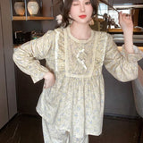 SHOPMOCHO Ladies Pajamas Garden Style Student Casual Long Sleeve Pants Two-Piece Bow Set Nightwear Women Four Season Academic Atmosphere