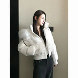 SHOPMOCHO Solid Color Fur Collar Zipper Parka Jacket Fashionable Simple Trendy Zipper Short Jacket Harajuku Y2k Zipper Short Jacket