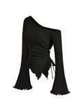SHOPMOCHO women's New off shoulder cross long sleeved slim fit casual street style asymmetrical elegant T-shirt trumpet sleeve top