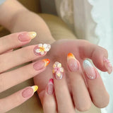 Shopmocho Pink Yellow Halo Dyeing Flower Water Ripple Summer False Nails Leopard Long Pointed Fake Nails Art Press on Nails Charm Manicure