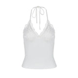 Shopmocho Black Lace Patchwork Halter Top Women Summer Solid Ruched Backless Sleeveless Tank Top Streetwear Clothes