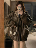 Shopmocho Maillard Fashion PU Leather Jacket With Lambswool Coat Both Sides Female Y2K Winter New Velvet Locomotive Cotton-padded Jacket