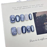 SHOPMOCHO 10pcs Handmade Press on Nails Christmas Frozen Blue Cat-Eye Full Coverage Nail Tips for Women&Girl Removable Wearable Nail Art