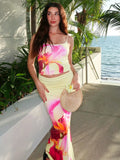 Shopmocho Nibber Vacation Flower Print 2 Piece Set Women Low-Neck Chic Backless Crop Tops+Stretch Long Skirts Trend Beach Style Outfits